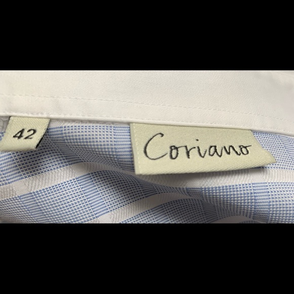 Blue & white check pattern button up cotton dress shirt white collar French cuff - Picture 14 of 16